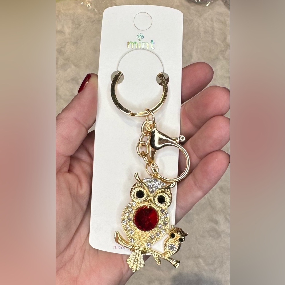 NEW Sparkling Owl Keychain / bag charm with red jewel, momma & baby owls